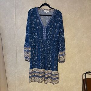 Lucky Brand Navy and Cream Long Sleeve Dress